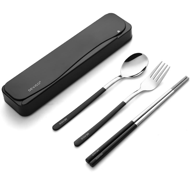 DEVICO Travel Utensils, 18/8 Stainless Steel 4pcs Cutlery Set Portable Camp Reusable Flatware Silverware, Include Fork Spoon Chopsticks with Case (Black) - Image 1